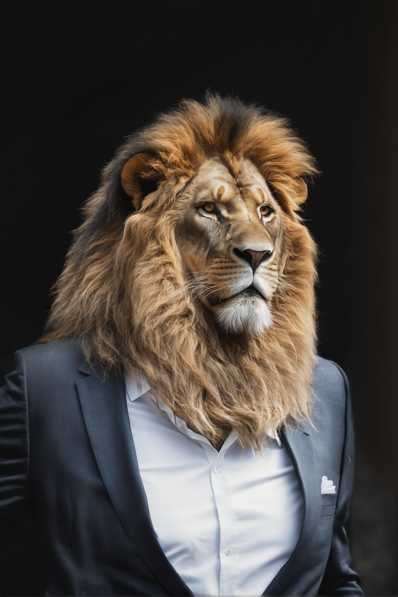 A lion looking sharp in a suit